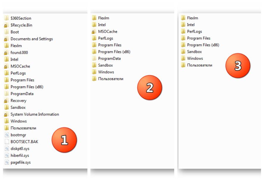 Вид Проводника с различными параметрами отображения скрытых элементов в Windows 7
